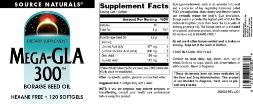 Vista 4 de Source Naturals Mega-GLA 300, Aceite de Semilla de Borraja - 120 Cápsulas
