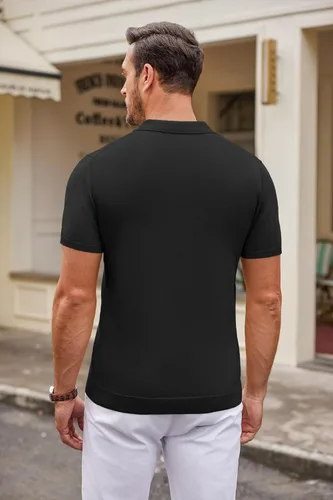 Vista 9 de COOFANDY Polo de punto para hombre, estilo casual, manga corta, con botones, camisa de golf clásica