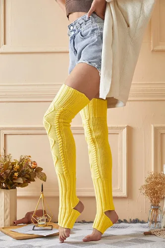 Vista 2 de Leoparts Calentadores de piernas con estribo extra largos para mujer, calcetines de punto por encima de la rodilla hasta el muslo sin pies