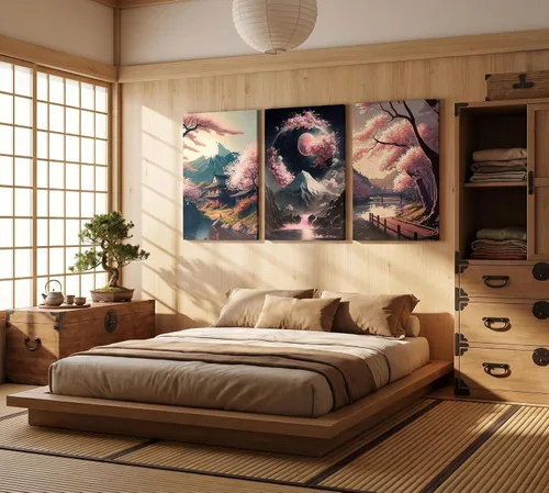 Vista 4 de 3 piezas de arte de pared en lienzo japonés, paisaje del lago de cerezos en flor, decoración de pared, imágenes de Japón, arte de Monte Fuji