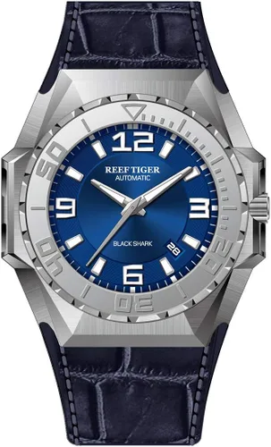 Vista 6 de REEF TIGER Hombres Relojes de buceo Reloj automático de acero Relojes Militares Correa de cuero RGA6903 RGA6903-YBB