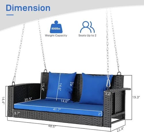 Vista 3 de Outvita Banco colgante de porche para 2 personas, banco de mimbre para exteriores con cojín y almohada para patio, jardín, soporta hasta 800 libras