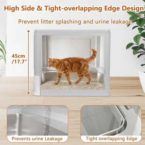Vista 3 de Cajas de arena para gatos de acero inoxidable cerradas, caja de arena plegable grande con tapa, caja de arena cubierta de acero inoxidable