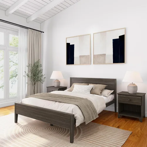 Vista 18 de Plank+Beam - Estructura de cama individual de madera maciza, cama de plataforma con cabecero, arcilla