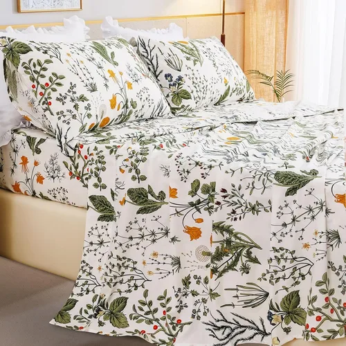 Vista 19 de QSH 100% Sábanas de algodón para cama tamaño Queen - Estampado floral azul de plantas patrón botánico lujoso de algodón estampado floral ropa