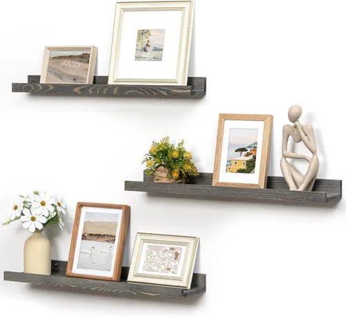Vista 15 de FLYJOE Estante de repisa de fotos para pared, 24 pulgadas de madera de fresno maciza, estantes para libros de guardería, estantes flotantes
