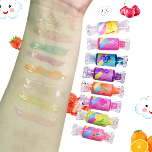 Vista 4 de Mebtmel Lindo brillo de labios para niños, juego de brillo de labios con purpurina para niñas de 6 piezas con forma de dulce, bálsamo labial