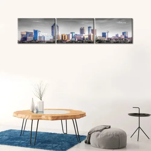 Vista 2 de 3 paneles de Atlanta Skyline vista de la ciudad en blanco y negro, imágenes panorámicas de edificio de ciudad, decoración de pared para sala