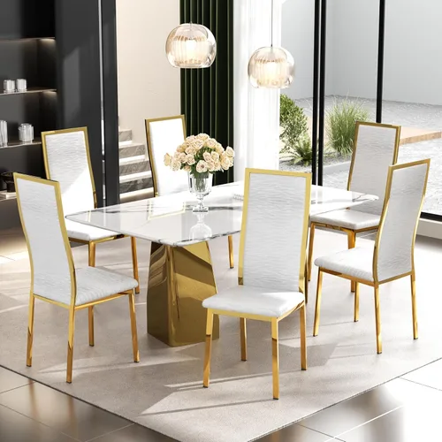 Vista 14 de Juego de 2 sillas de comedor modernas, piel sintética negra con patas de metal dorado cromado, diseño de respaldo alto curvo y acolchado tipo nube