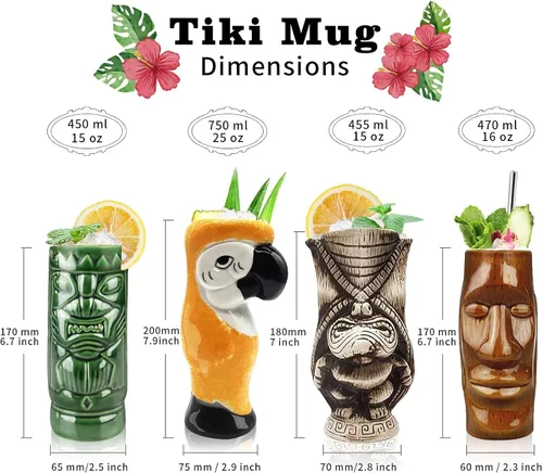 Vista 2 de LINALL Juego de 4 tazas de cóctel Tiki – Tazas de cóctel hawaianas de cerámica grandes, vasos de cóctel exóticos, Tiki Bar Profesional Hawaiano