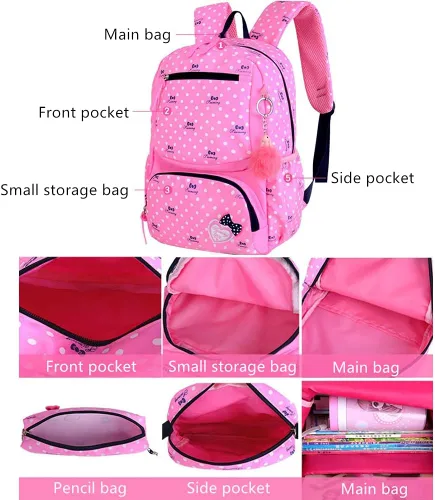 Vista 4 de 3Pcs Kids Backpack Bowknot Printed Daypack Girls 3 in 1 School Bag with Shoulder Bag and Pencil Bag