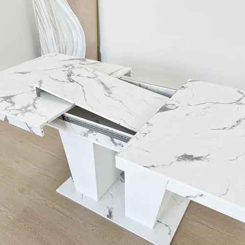 Vista 4 de Juego de mesa de comedor extensible de mármol sintético de 7 piezas para 6, mesa de comedor extensible blanca de 78.74 pulgadas con juego de 6