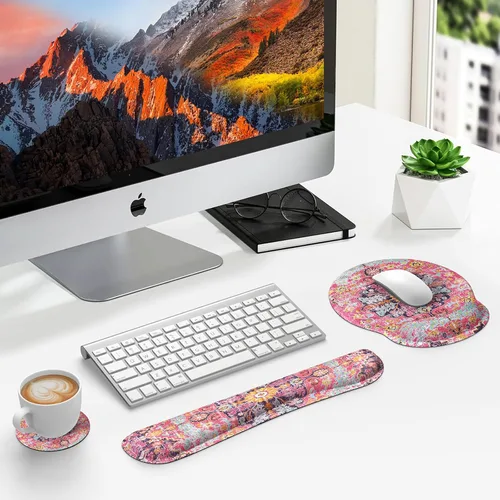Vista 8 de iLeadon Juego de alfombrillas ergonómicas para mouse con reposamuñecas, diseño bohemio, fácil de escribir y aliviar el dolor, base antideslizante