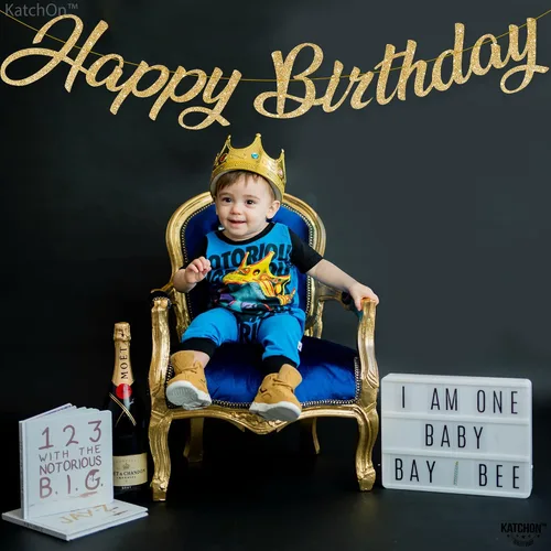 Vista 3 de KatchOn, Cartel de feliz cumpleaños dorado con purpurina – 10 pies, pre-encordado Letrero dorado de feliz cumpleaños para decoraciones doradas