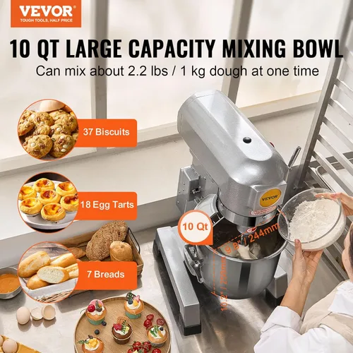 Vista 2 de VEVOR Mezclador comercial, mezclador comercial de alimentos de acero inoxidable de 10 cuartos de galón, mezclador de pie comercial de 450 W con 3