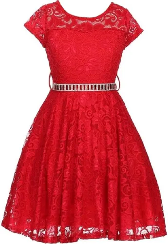 Vista 30 de Little Girl - Vestido de niña con manga de encaje y cinturón de piedras