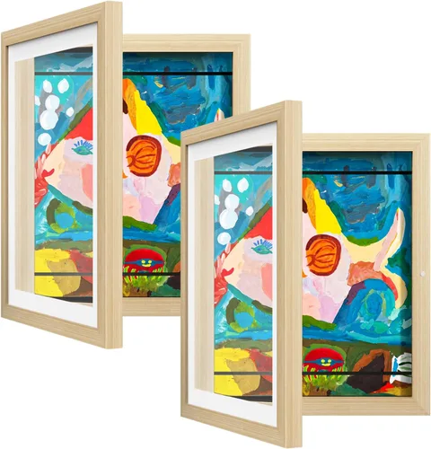 Vista 11 de Paquete de 2 marcos de arte para niños, marcos de obras de arte para niños, intercambiables de 8 x 10.5 pulgadas con paspartú y 9 x 12 pulgadas sin