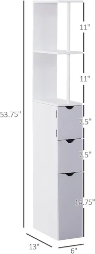 Vista 3 de HOMCOM Armario de almacenamiento de baño de 54 pulgadas de alto, torre de lino independiente con estante de 2 niveles y cajones, organizador de piso