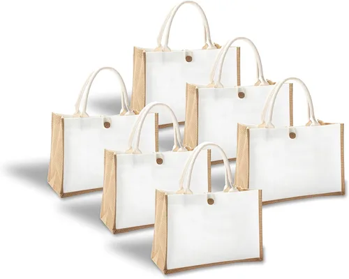 Vista 12 de Bolsa de yute de 14.5 x 6.7 x 10.2 pulgadas, 1 bolsa de arpillera, bolsas de viaje de yute con asa, bolsa de comestibles reutilizable para dama