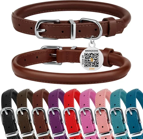 Vista 14 de Collar de perro de cuero enrollado, etiqueta QR, antienredos
