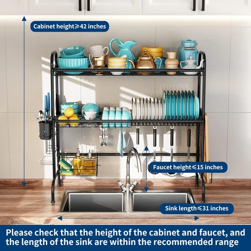 Vista 3 de MOUKABAL Escurridor de platos – Escurridor de platos de acero inoxidable (longitud expandible), escurridor grande de 2 niveles con soporte