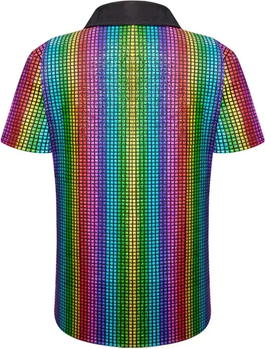 Vista 2 de WULFUL Camisa de discoteca para niños y niños, camisas con botones y lentejuelas, disfraz de fiesta de los años 70