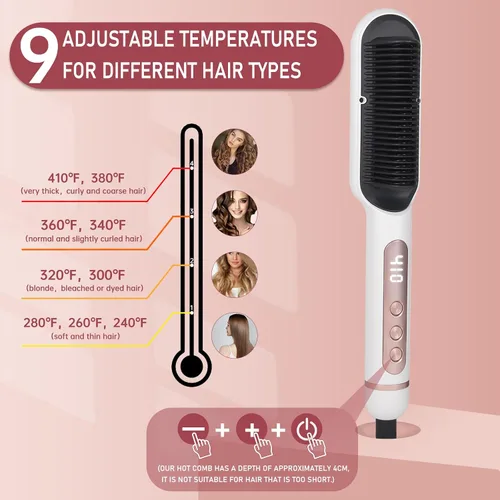 Vista 3 de Cepillo alisador de cabello iónico negativo con 9 ajustes de temperatura, peine alisador de cabello de calentamiento rápido de 30s con pantalla LED