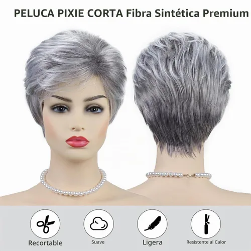 Vista 3 de Pelucas cortas gris plateadas para mujeres blancas, pelucas sintéticas con corte pixie natural y a capas con flequillo, peluca corta de pelo gris