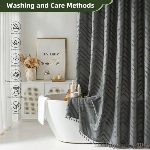 Vista 30 de Cortina de ducha Siiluminisoy de 36x72 beige, cortina de ducha de tela de tamaño pequeño, cortinas de ducha de tela con tufting, diseño chevron a