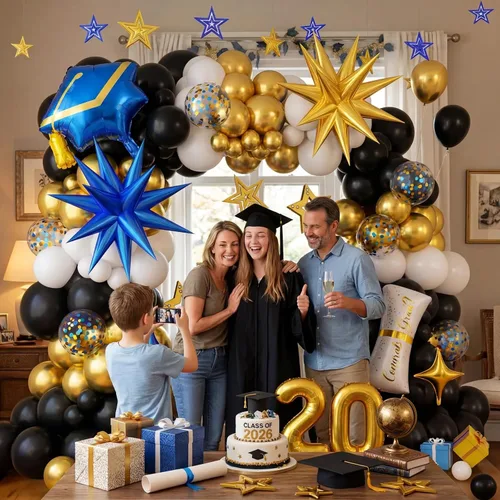 Vista 5 de Kit de arco de globos de graduación azul y dorado 2026, decoraciones de graduación 2026, globos dorados del número 2026 con explosión de estrella