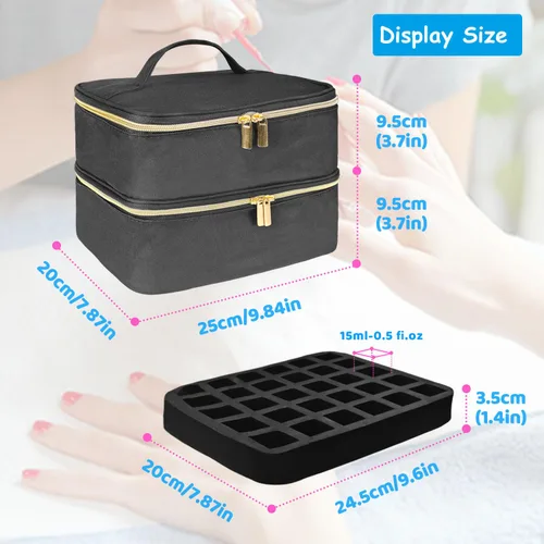 Vista 6 de Estuche de transporte de esmalte de uñas, bolsa de almacenamiento de esmalte de uñas de doble capa, se adapta a lámpara secadora de uñas y 30 Negro