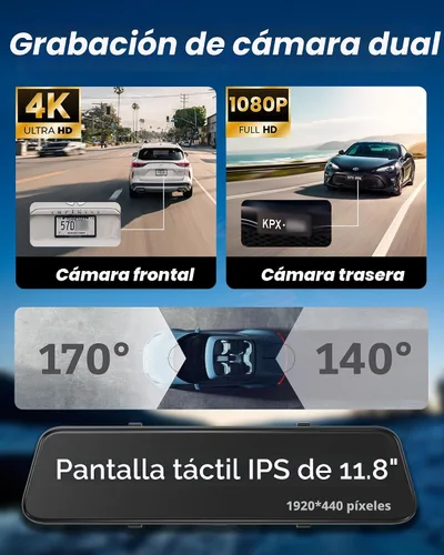 Vista 3 de Cámara de espejo retrovisor 4K con Carplay y Android Auto, cámara de salpicadero de 12" para espejo frontal y trasero con control de voz para coches