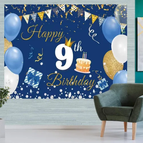 Vista 5 de Decoraciones de 9º cumpleaños para niños y niñas, cartel de telón de fondo de feliz cumpleaños 9 años, cartel de tela con texto en inglés "Happy 9