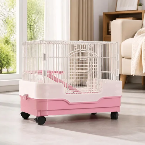 Vista 6 de Small Pet Enclosure Indoor Wire Pet Cage with Base Wipe-Clean, Pink, Double Layer