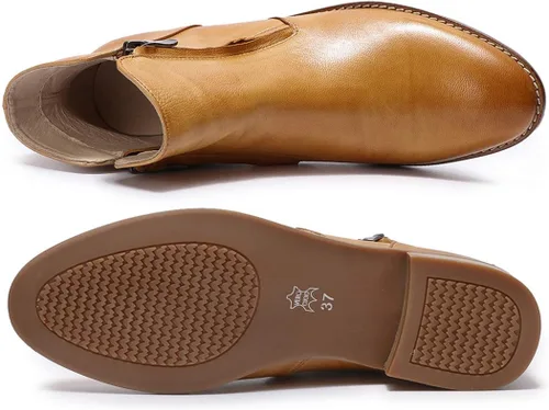 Vista 4 de Mona flying Botines de cuero para mujer, botas de tobillo con cremallera lateral, tacón bajo, botas cortas para mujer
