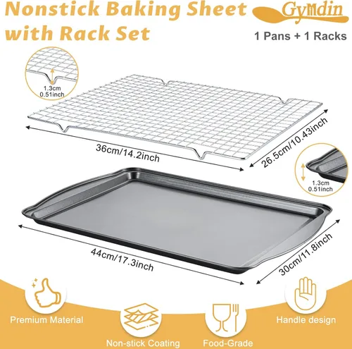 Vista 2 de Bandeja para hornear con rejilla de enfriamiento, bandeja de acero al carbono de 17 x 11 x 0.5 pulgadas para hornear [1 hoja + 1 rejilla], bandeja