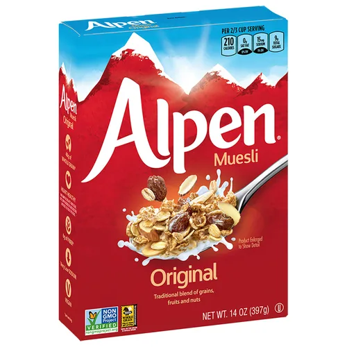 Vista 9 de Alpen Muesli Cereal original, cereal saludable para el corazón con copos de trigo, avena enrollada, nueces y pasas, proyecto verificado sin OMG