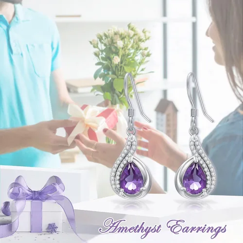 Vista 2 de Althum Gemstone Earrings for Women 925 Sterling Silver 6mm * 9mm Pear Cut Amethyst Garnet Drop Dangle Earrings