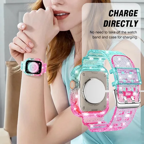 Vista 149 de DABAOZA - Correa transparente compatible con Apple Watch con estuche protector, correa deportiva de TPU con brillo para mujeres y hombres