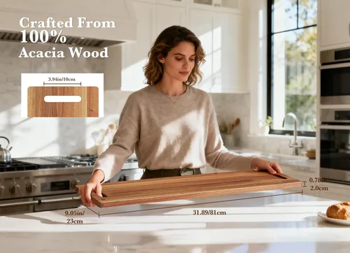 Vista 3 de Tabla grande de embutidos – Con asas laterales incorporadas, tabla de servir de madera de acacia de 32 pulgadas para queso, carne y aperitivos