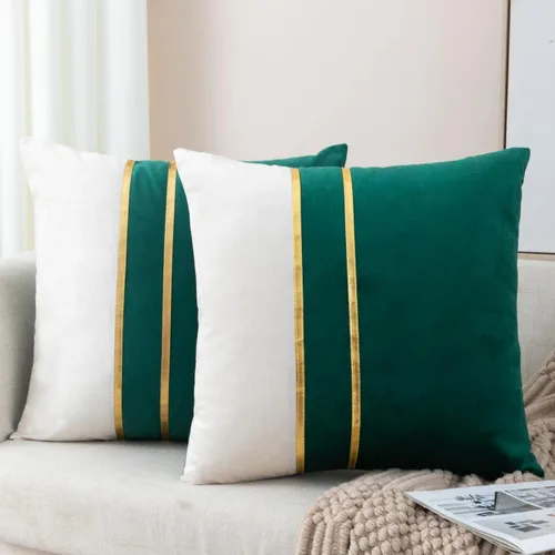 Vista 12 de ZLINA Juego de 2 fundas de almohada decorativas de terciopelo verde aguamarina y blanco con parches y cuero dorado de 16 × 16 pulgadas, fundas
