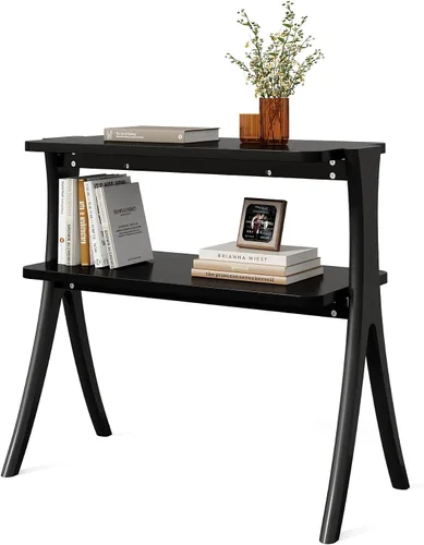 Vista 7 de LITTLE TREE Mesa auxiliar con patas de madera maciza, mesa auxiliar estrecha pequeña de 2 niveles, mesa de granja que ahorra espacio para sala