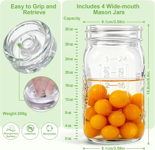 Vista 3 de Kit de fermentación de 4 unidades para todos los frascos Mason de boca ancha (cuatro tarros Mason de 32 oz incluidos), frascos de fermentación