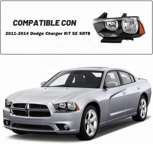 Vista 5 de SOCKIR Juego de montaje de faros delanteros compatible con Dodge Charger 2011 2012 2013 2014 Faro halógeno de repuesto negro con reflector ámbar