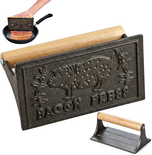 Vista 9 de HIC Kitchen Bacon Press, Heavyweight Cast Iron, Rectangular With Wood Handle, For Stovetop Grill And Griddle