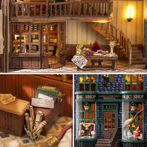 Vista 6 de Spilay Kit de muebles de madera en miniatura para casa de muñecas, mini casa de muñecas hecha a mano con LED, escala 1:24, juguetes creativos