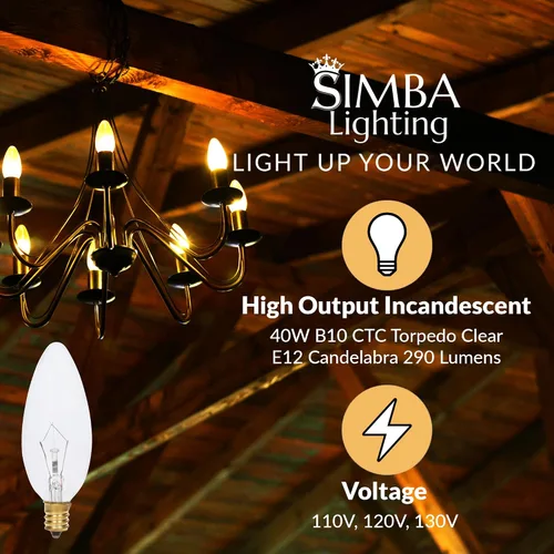 Vista 2 de Simba Lighting Candelabro Torpedo Clear B10 CTC 25W E12 Base (paquete de 12) Bombillas incandescentes decorativas 120V para candelabros, luces