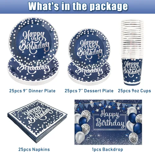 Vista 3 de Suministros para fiesta de cumpleaños de color azul marino y plateado para 25 invitados, incluye platos, tazas y servilletas, globos azul marino