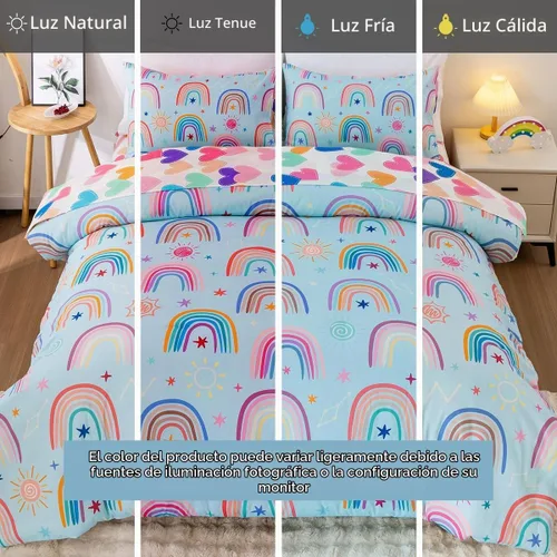 Vista 7 de Holawakaka Juego de edredón bohemio arcoíris tamaño individual con sábanas, juego de cama bohemio de 5 piezas con corazón, estrella y amor para Azul