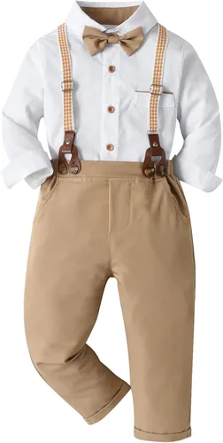 Vista 32 de Conjunto de pantalones para bebé, camisa de manga larga + pantalones + corbatín + tirantes, trajes de caballero para niños pequeños